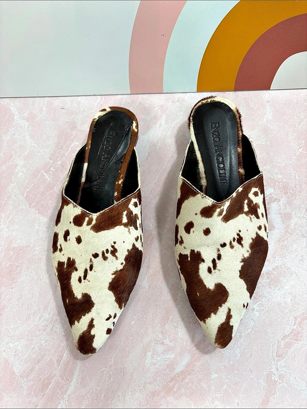 Enzo Angiolini Cow Print Calf Hair Pointed-Toe Mules US 8.5